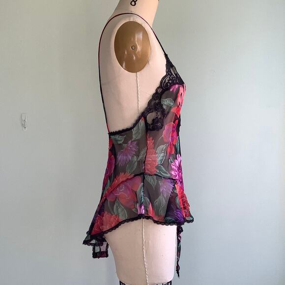 1980s Dark Floral Sheer Teddy & Bed Jacket Lucie Ann II Vintage Lingerie - Picture 5 of 9